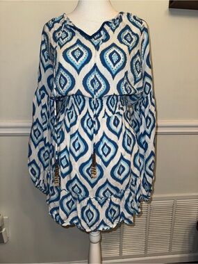 Skemo Blue Geometric Boho Smocked Tassel Midi Dress Large